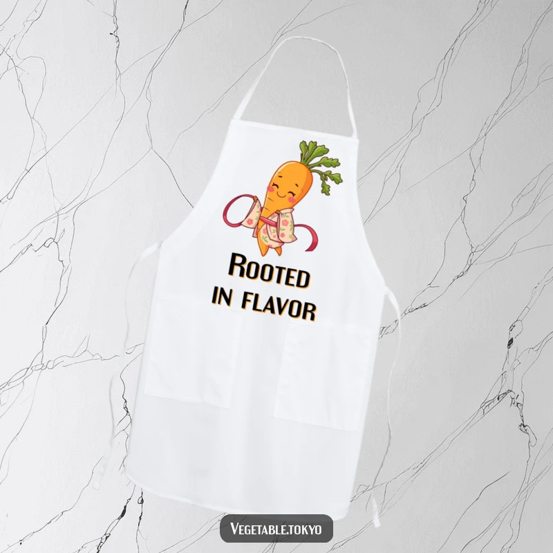 Funny apron featuring a smiling carrot in a floral kimono, gracefully twirling a ribbon, ideal for joyful kitchen activities.