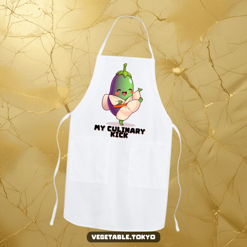 Funny apron featuring a giggling eggplant in a flowing kimono, performing a high kick, ideal for energetic and humorous cooking.