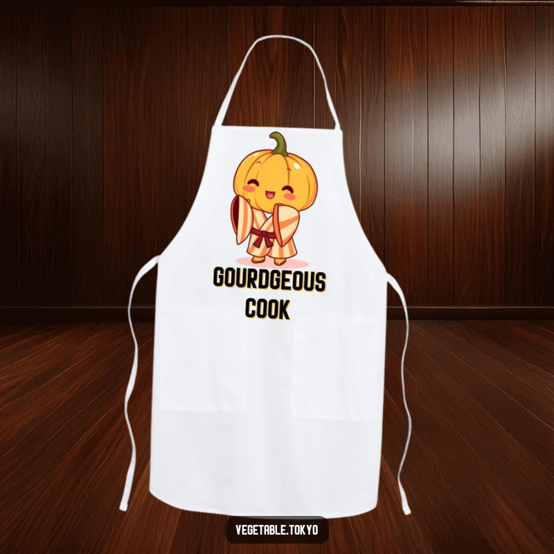 Funny apron featuring a cheerful pumpkin in a striped kimono, performing a graceful bow, ideal for festive and humorous cooking.