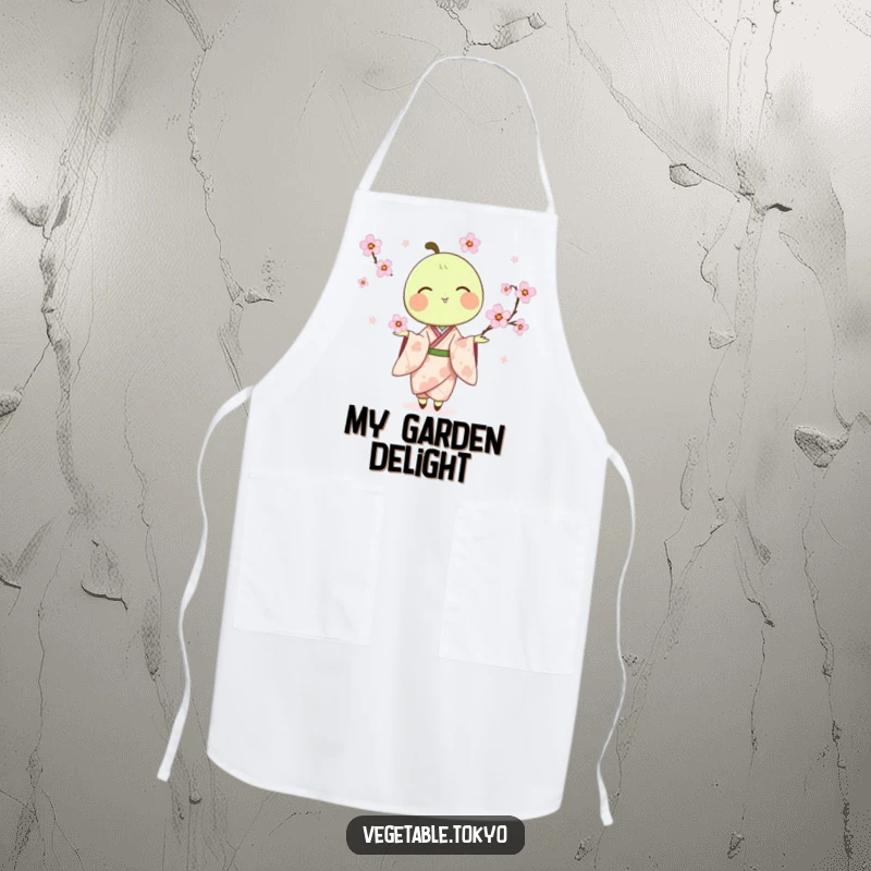 Funny apron featuring a delighted pea pod in a kimono, juggling cherry blossoms, ideal for gentle and humorous cooking.