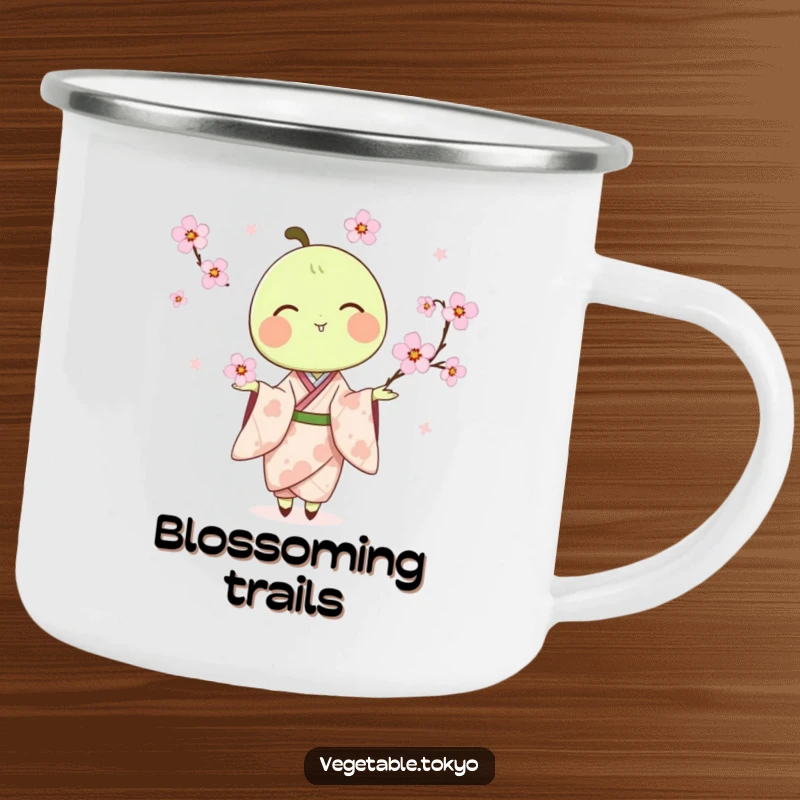 Funny camping mug with a delighted pea pod in a kimono, juggling cherry blossoms, ready for outdoor charm and humor.