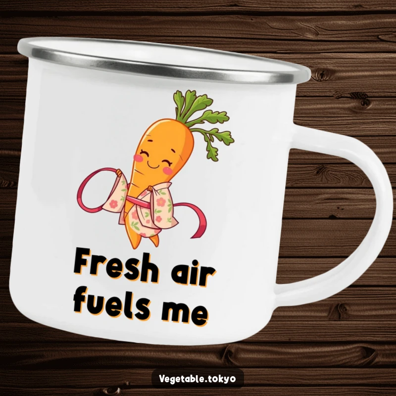 Funny camping mug featuring a smiling carrot in a floral kimono, twirling a ribbon, ready for outdoor enjoyment and humor.