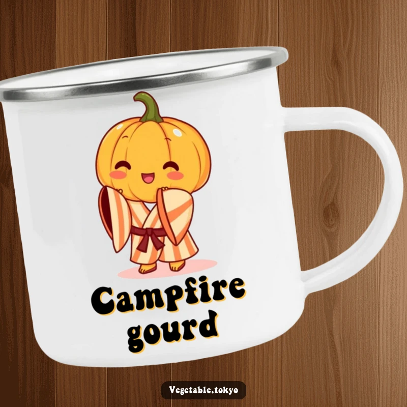 Funny camping mug with a cheerful pumpkin in a striped kimono, performing a graceful bow, ready for autumn outdoor fun.