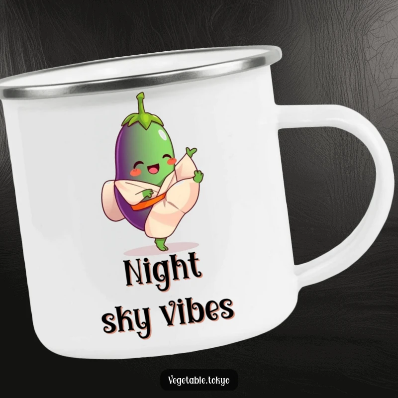 Funny camping mug with a giggling eggplant in a flowing kimono, kicking its leg high, ready for outdoor fun and humor.