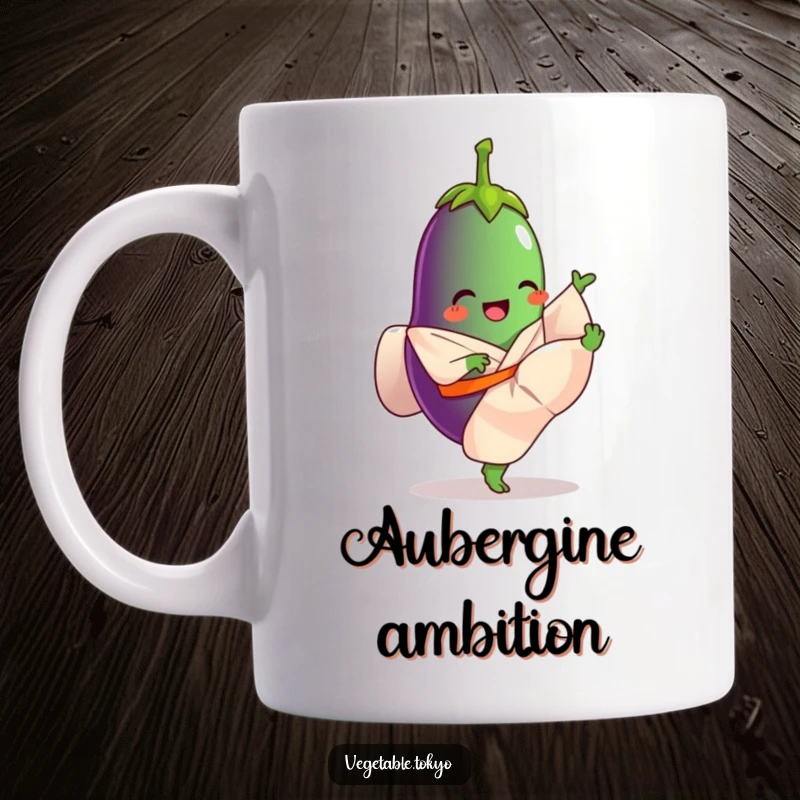Funny mug featuring a giggling eggplant in a flowing kimono, energetically kicking its leg high with infectious joy.