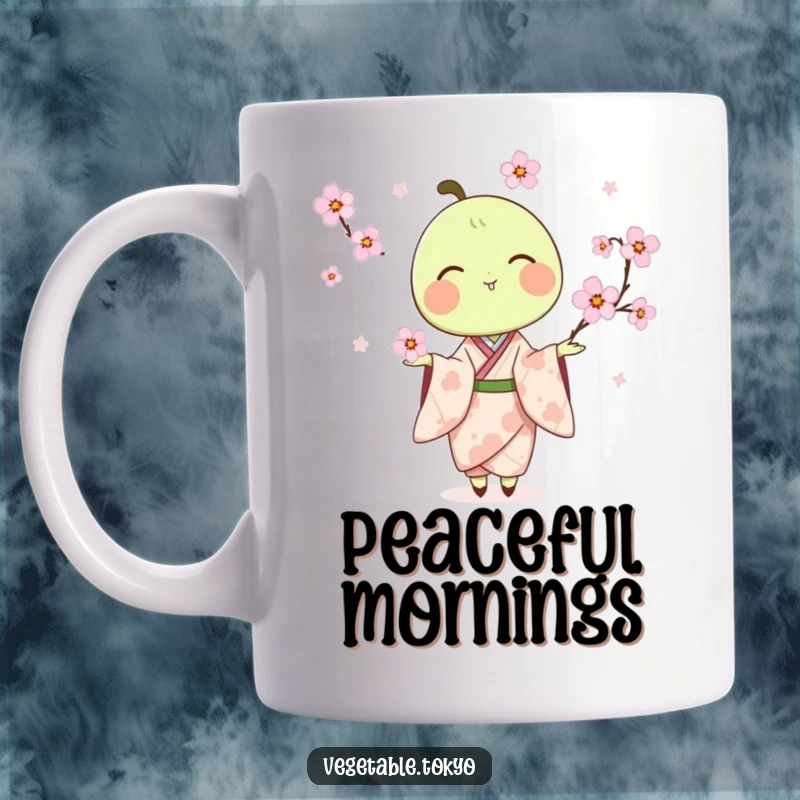 Funny mug featuring a delighted pea pod in a kimono, gracefully juggling delicate cherry blossoms with a cheerful expression.