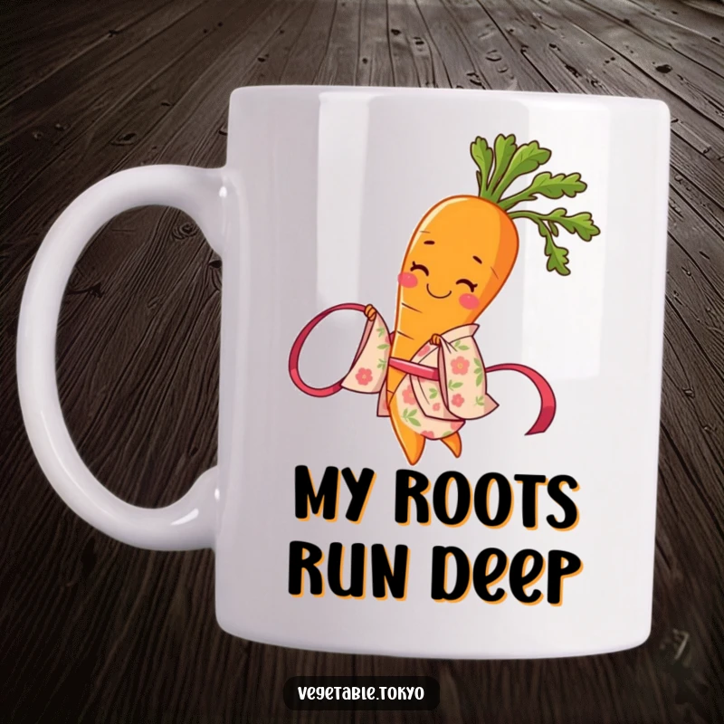 Funny mug featuring a smiling carrot in a floral kimono, gracefully twirling a ribbon, radiating joy and elegance.