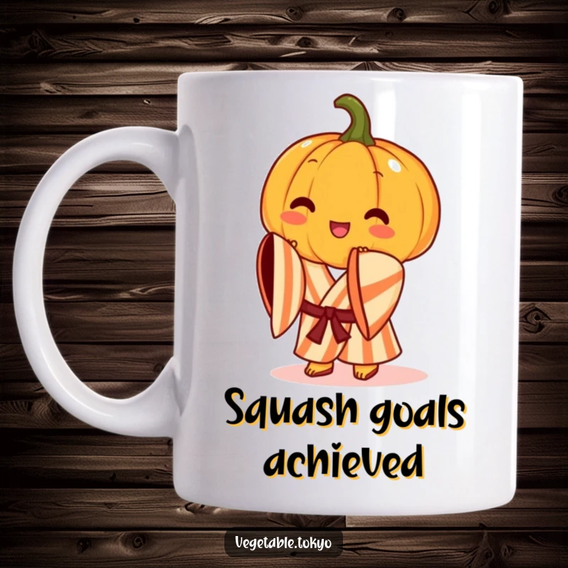 Funny mug featuring a cheerful pumpkin in a striped kimono, performing a graceful bow with a friendly autumn expression.