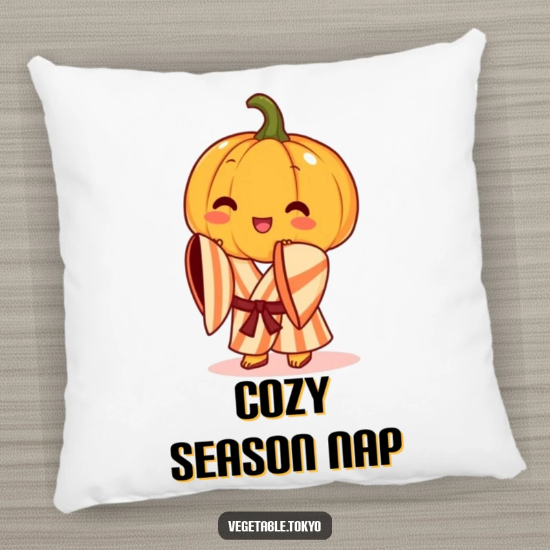 Funny pillow featuring a cheerful pumpkin in a striped kimono, doing a graceful bow, bringing cozy autumn comfort and humor.