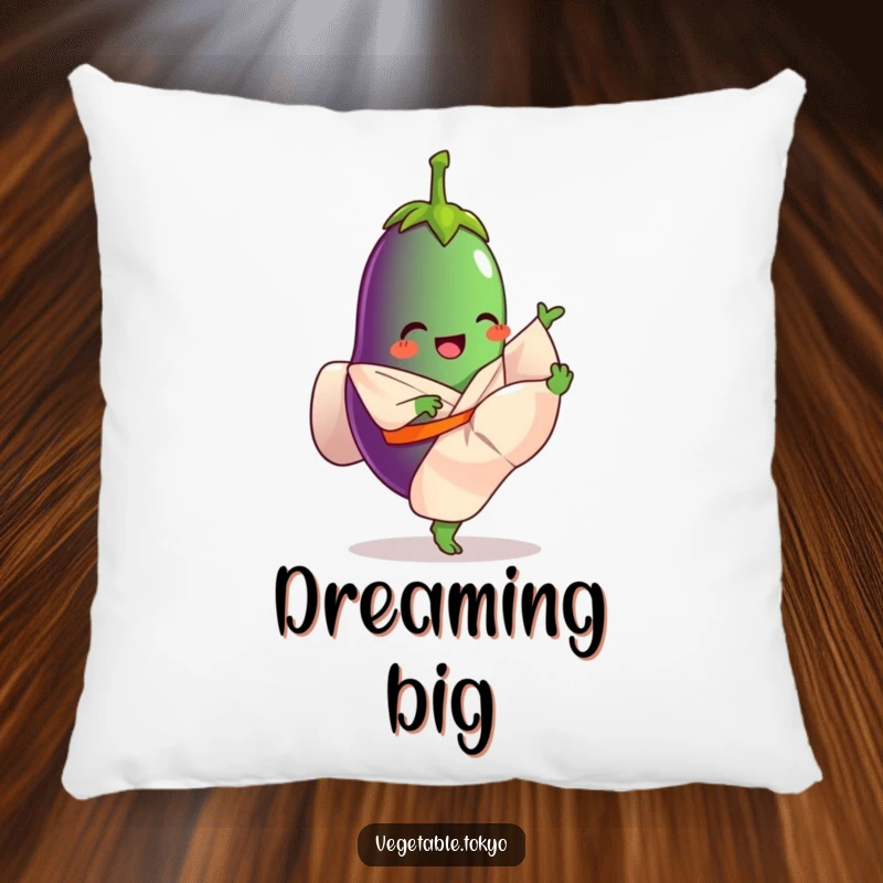 Funny pillow showcasing a giggling eggplant in a flowing kimono, kicking its leg high, offering cozy comfort and athletic humor.
