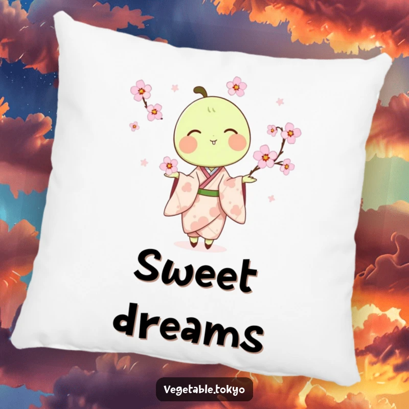 Funny pillow showcasing a delighted pea pod in a kimono, juggling cherry blossoms, offering gentle comfort and artistic humor.