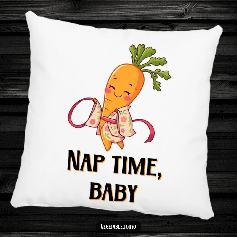 Funny pillow with a smiling carrot in a floral kimono, twirling a ribbon, bringing whimsical comfort and artistic flair.