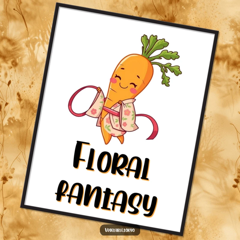 Funny digital art print of a smiling carrot in a floral kimono, twirling a ribbon, offering immediate artistic joy and humor.