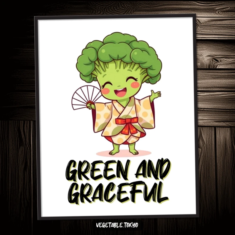 Funny digital art print of a joyful broccoli in a patterned kimono, performing a fan dance, offering immediate artistic energy and humor.