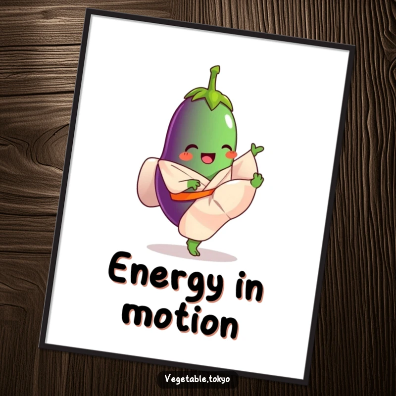Funny digital art print of a giggling eggplant in a flowing kimono, kicking its leg high, offering immediate artistic energy and humor.