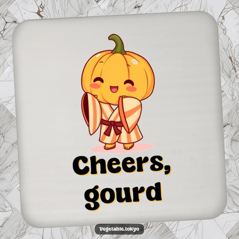 Funny coasters featuring a cheerful pumpkin in a striped kimono, doing a graceful bow, adding artistic and humorous autumn protection.