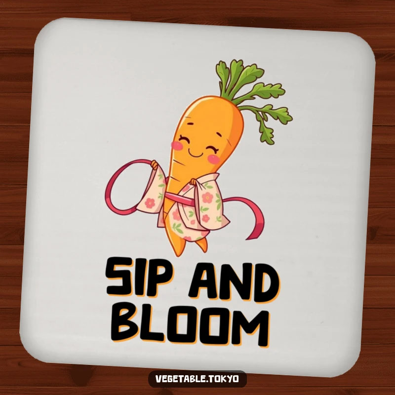 Funny coasters featuring a smiling carrot in a floral kimono, twirling a ribbon, adding artistic and humorous protection.