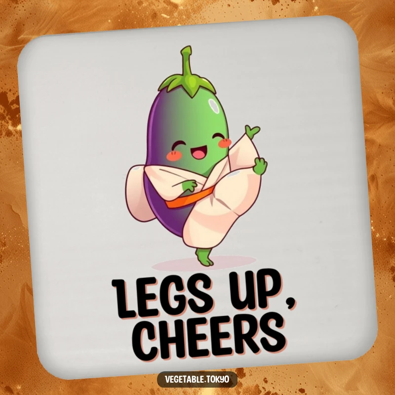 Funny coasters featuring a giggling eggplant in a flowing kimono, kicking its leg high, adding artistic and humorous protection.