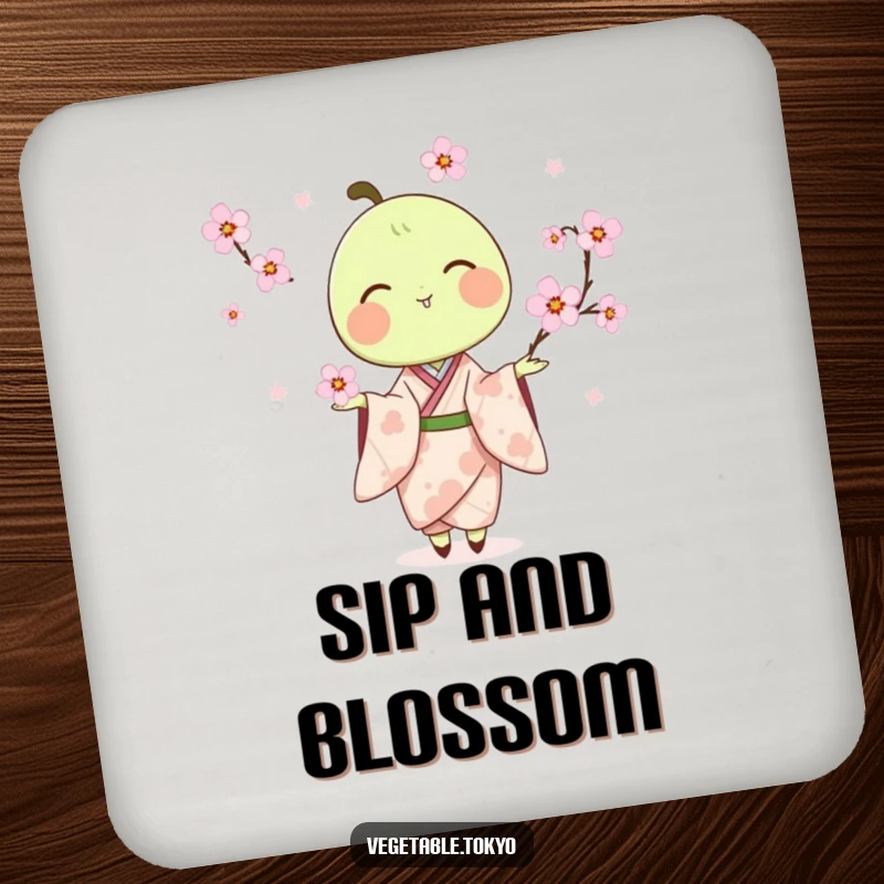 Funny coasters featuring a delighted pea pod in a kimono, juggling cherry blossoms, adding artistic and humorous nature protection.