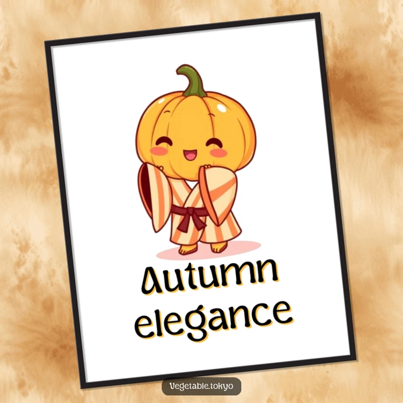 Funny poster of a cheerful pumpkin in a striped kimono, performing a graceful bow, adding artistic autumn charm and humor.