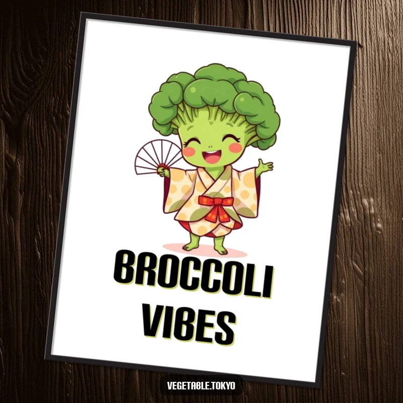Funny poster of a joyful broccoli in a patterned kimono, performing a graceful fan dance, bringing artistic movement and humor.