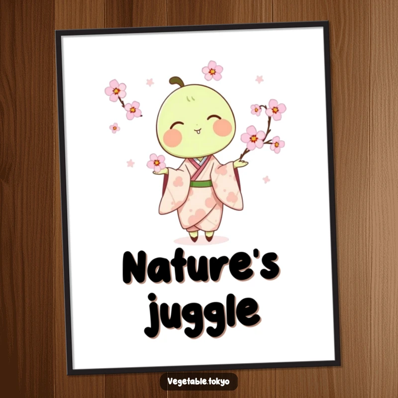 Funny poster of a delighted pea pod in a kimono, juggling cherry blossoms, bringing artistic whimsy and gentle humor.