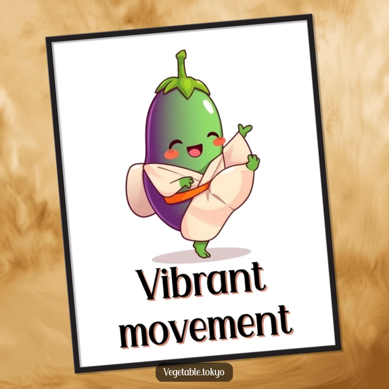 Funny poster of a giggling eggplant in a flowing kimono, performing an impressive high kick, bringing artistic action and humor.