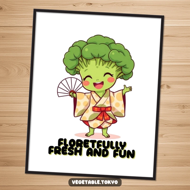 Funny Free Printable Wall Art: A joyful broccoli in a patterned kimono, masterfully performing a fan dance with vibrant energy.
