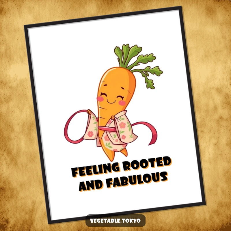 Funny Free Printable Wall Art: A smiling carrot in a vibrant floral kimono, elegantly twirling a ribbon with artistic flair.