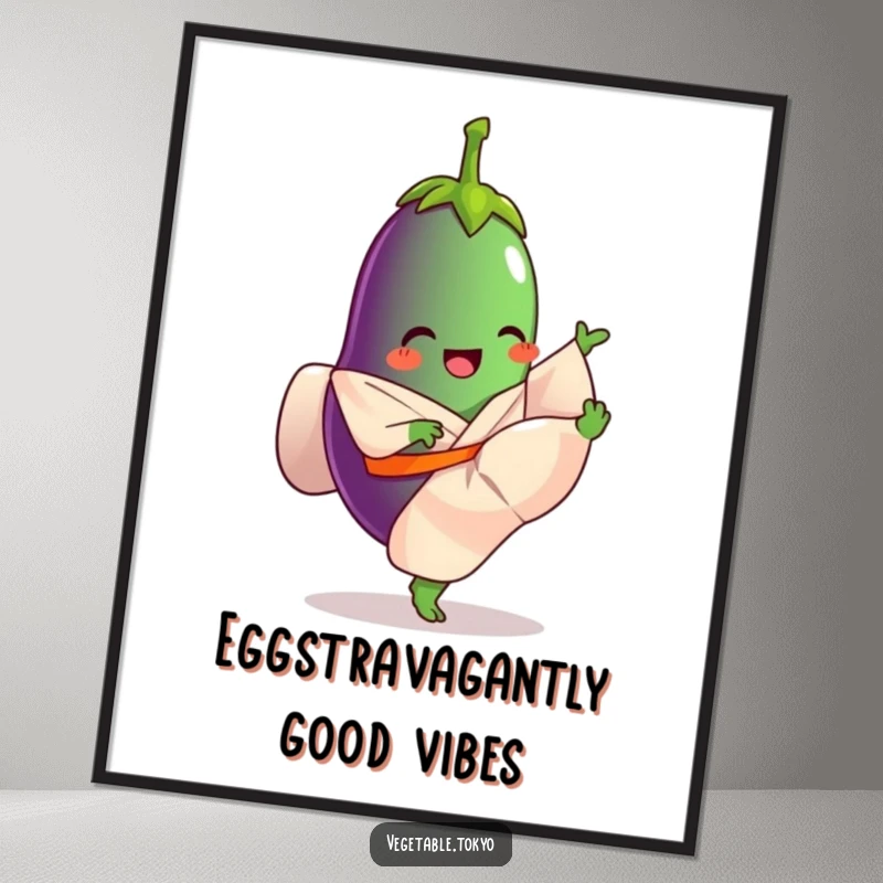 Funny Free Printable Wall Art: A giggling eggplant in a flowing kimono, performing an impressive high leg kick with joyful abandon.