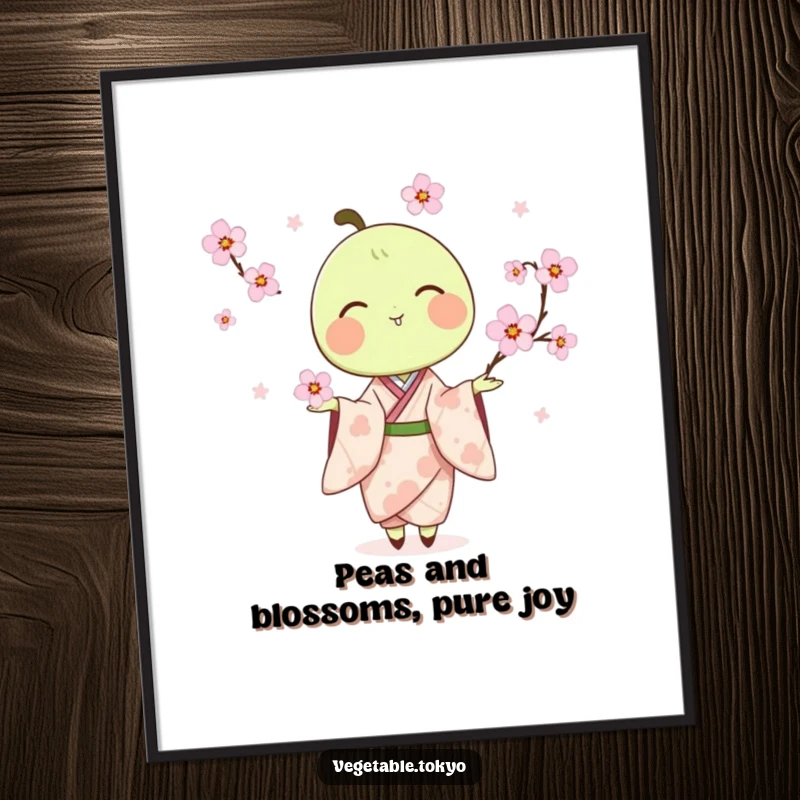 Funny Free Printable Wall Art: A delighted pea pod in a kimono, skillfully juggling delicate cherry blossoms with serene focus.