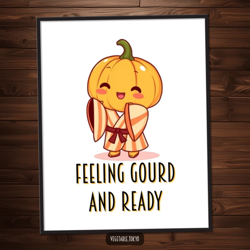 Funny Free Printable Wall Art: A cheerful pumpkin in a striped kimono, taking a graceful bow with a welcoming smile.