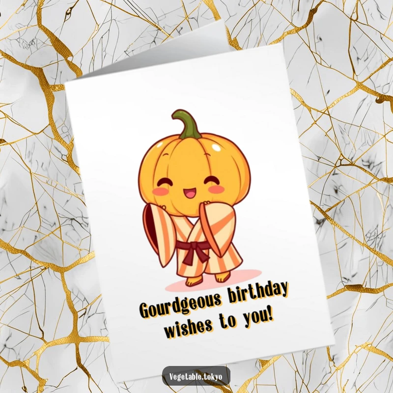 Funny Free Printable Birthday Card: A cheerful pumpkin in a striped kimono, taking a graceful bow with a smile.