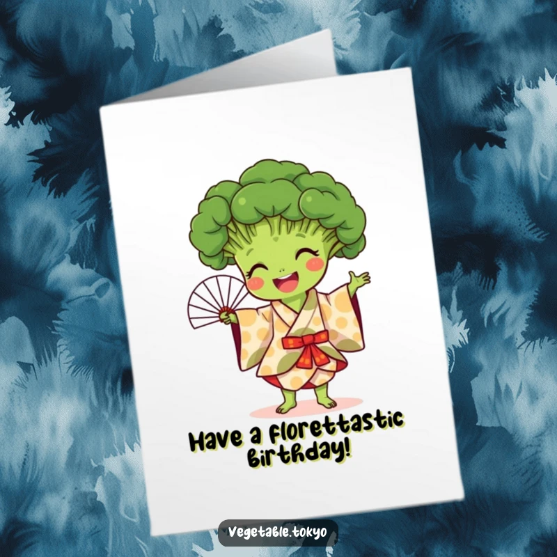Funny Free Printable Birthday Card: A joyful broccoli expertly performing a fan dance in a colorful patterned kimono.