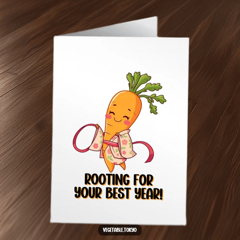 Funny Free Printable Birthday Card featuring a smiling carrot in a floral kimono, happily twirling a ribbon, ready to celebrate.