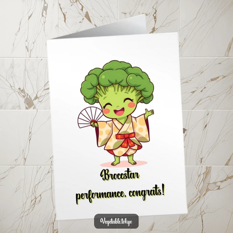 Funny Free Printable Congratulations Card: A joyful broccoli in a patterned kimono, performing an impressive fan dance.