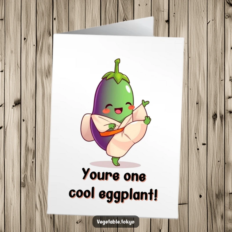 Funny Free Printable Congratulations Card: A giggling eggplant wearing a flowing kimono, showing off a high leg kick of victory.