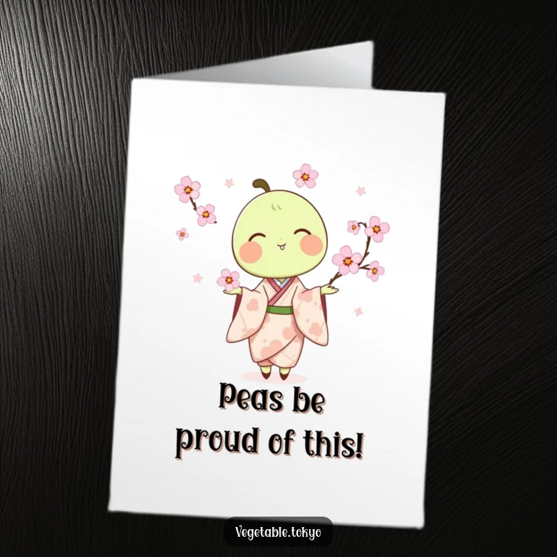 Funny Free Printable Congratulations Card: A delighted pea pod in a kimono, gracefully juggling cherry blossoms to mark a special occasion.