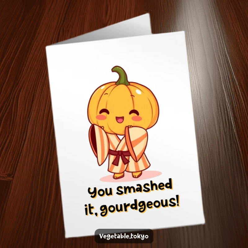 Funny Free Printable Congratulations Card: A cheerful pumpkin in a striped kimono, executing a graceful bow to signify a win.
