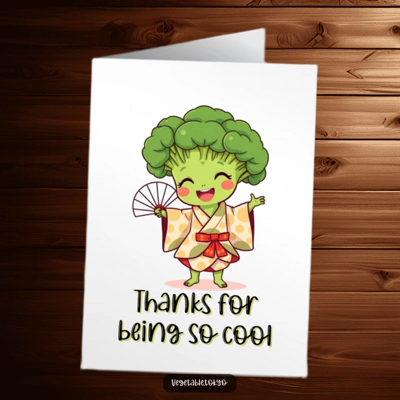 Funny Free Printable Thank You Card: A joyful broccoli in a patterned kimono, performing a graceful fan dance to say thank you.