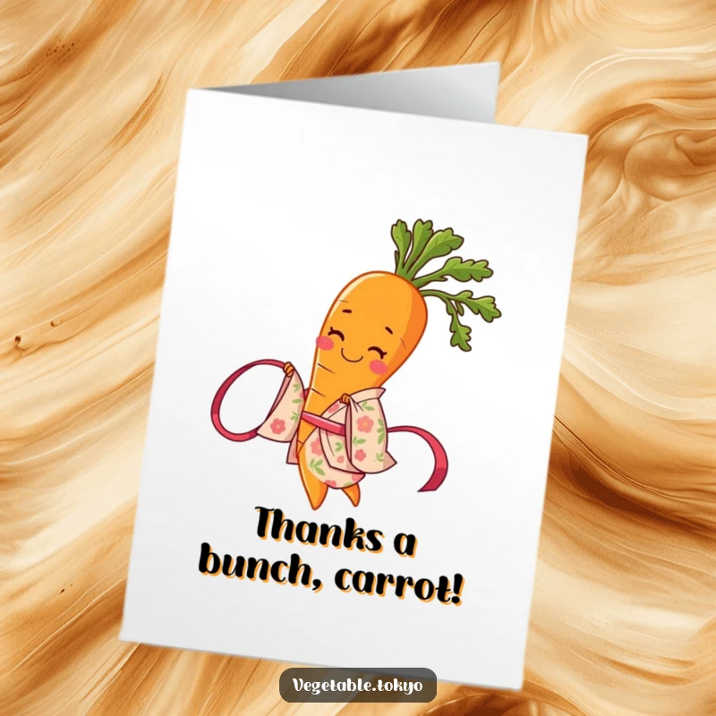 Funny Free Printable Thank You Card: A happy carrot in a floral kimono gracefully twirling a ribbon to show thanks.