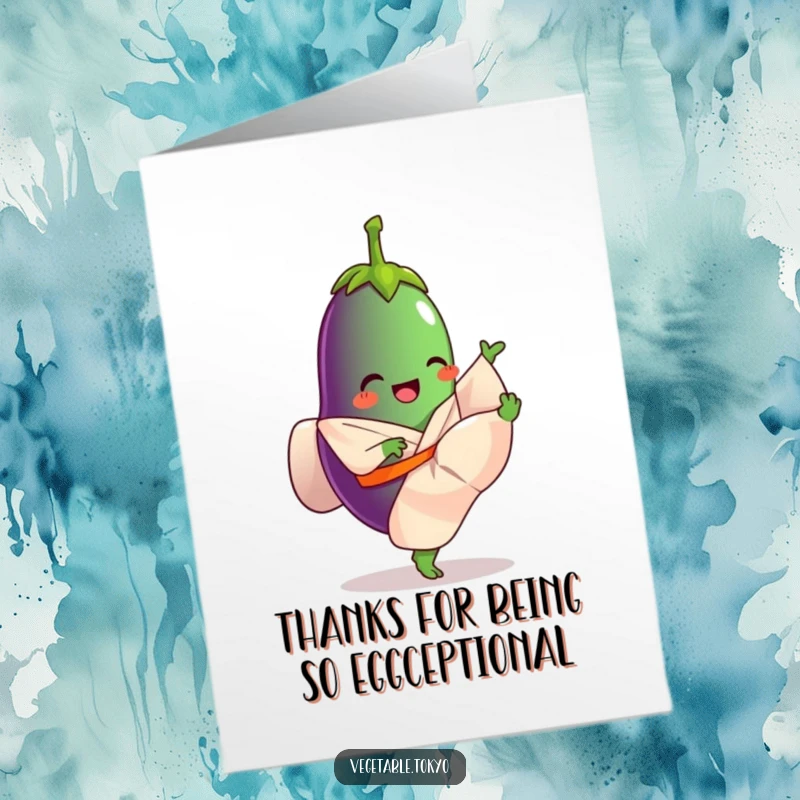 Funny Free Printable Thank You Card: A giggling eggplant in a flowing kimono, kicking its leg high to express exuberant thanks.
