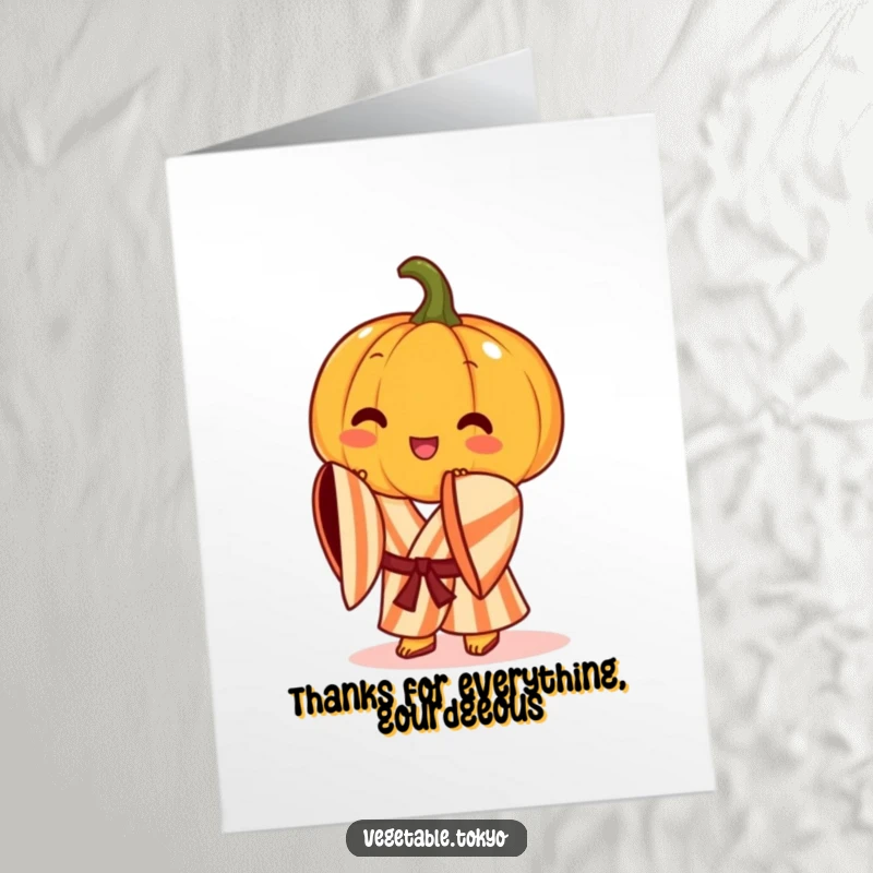 Funny Free Printable Thank You Card: A cheerful pumpkin in a striped kimono performs a graceful bow, expressing thanks.