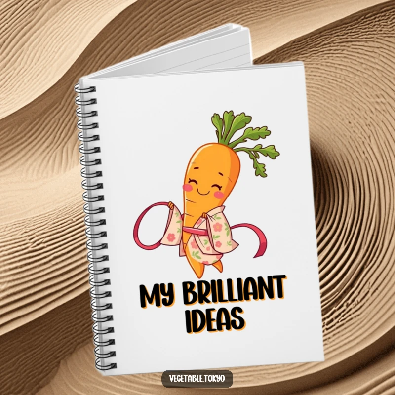 Funny notebook with a smiling carrot in a floral kimono, twirling a ribbon, designed for jotting down thoughts humorously.