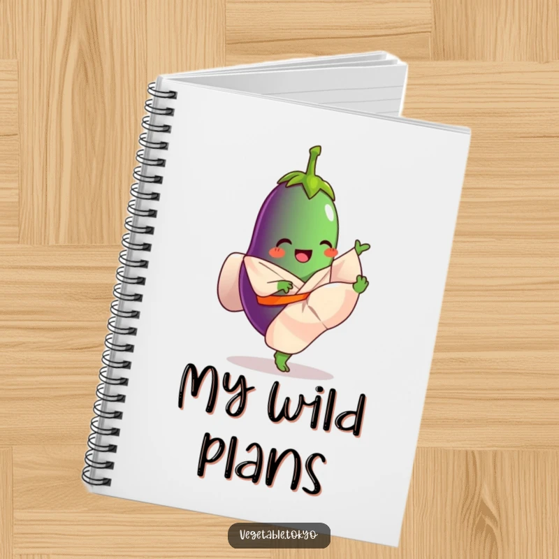 Funny notebook with a giggling eggplant in a flowing kimono, kicking its leg high, perfect for jotting down energetic ideas.