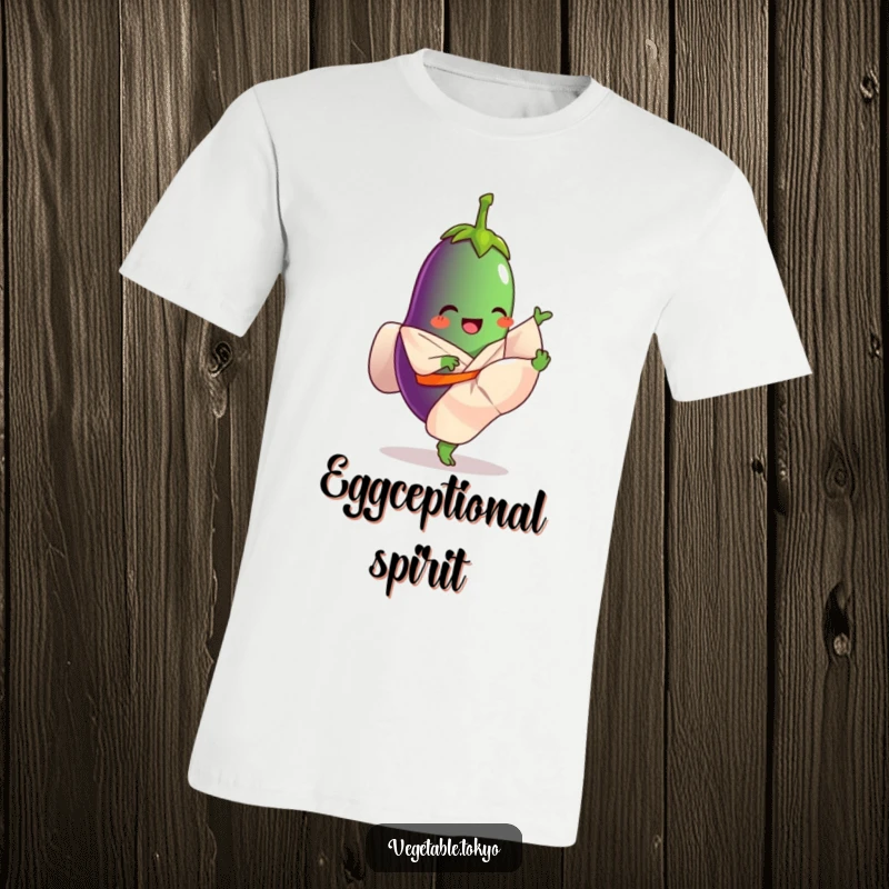Funny t-shirt depicting a giggling eggplant in a flowing kimono, performing an athletic high kick with great exuberance and humor.