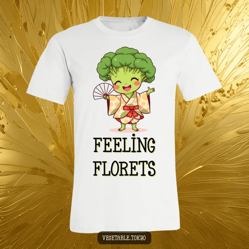 Funny t-shirt showing a joyful broccoli in a detailed patterned kimono, executing a graceful fan dance with flair and energy.