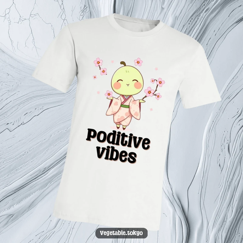 Funny t-shirt depicting a delighted pea pod in a kimono, artfully juggling delicate cherry blossoms with grace and joy.