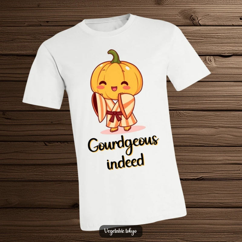 Funny t-shirt with a cheerful pumpkin in a striped kimono, executing a sophisticated and graceful bow, embodying autumn spirit.