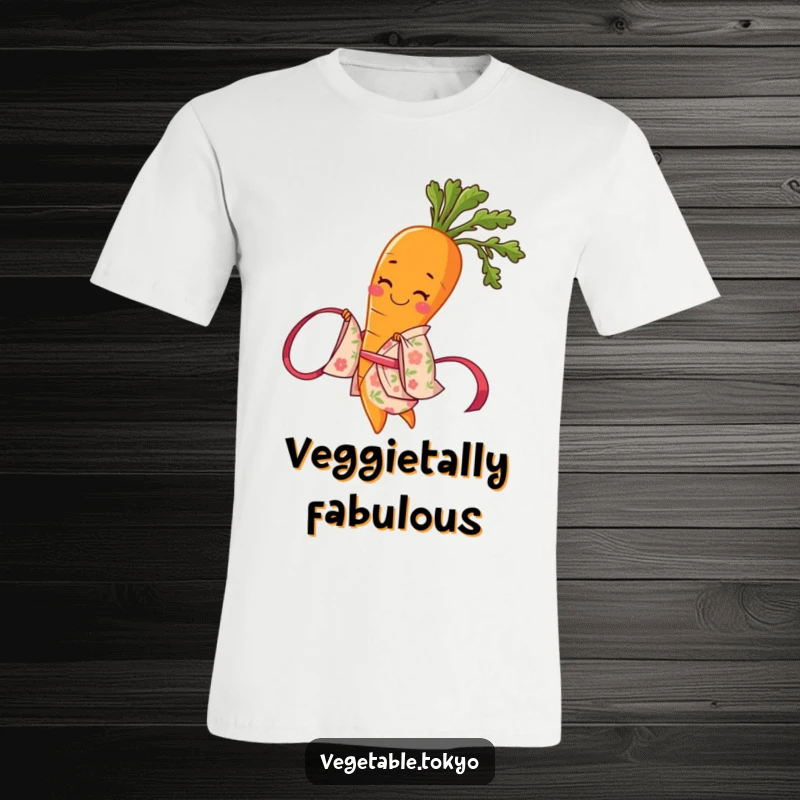 Funny t-shirt showcasing a smiling carrot in a detailed floral kimono, mid-twirl with a ribbon, celebrating fun and flair.